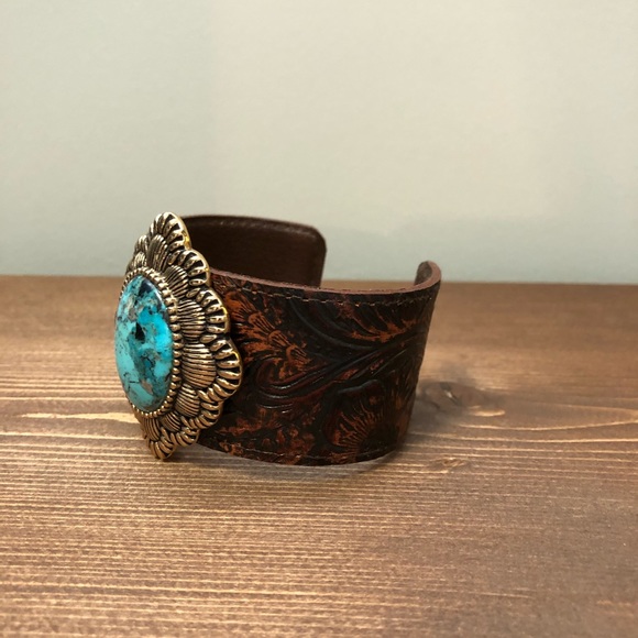 Barse Tooled Leather Cuff Bronze Turquoise - Picture 3 of 9